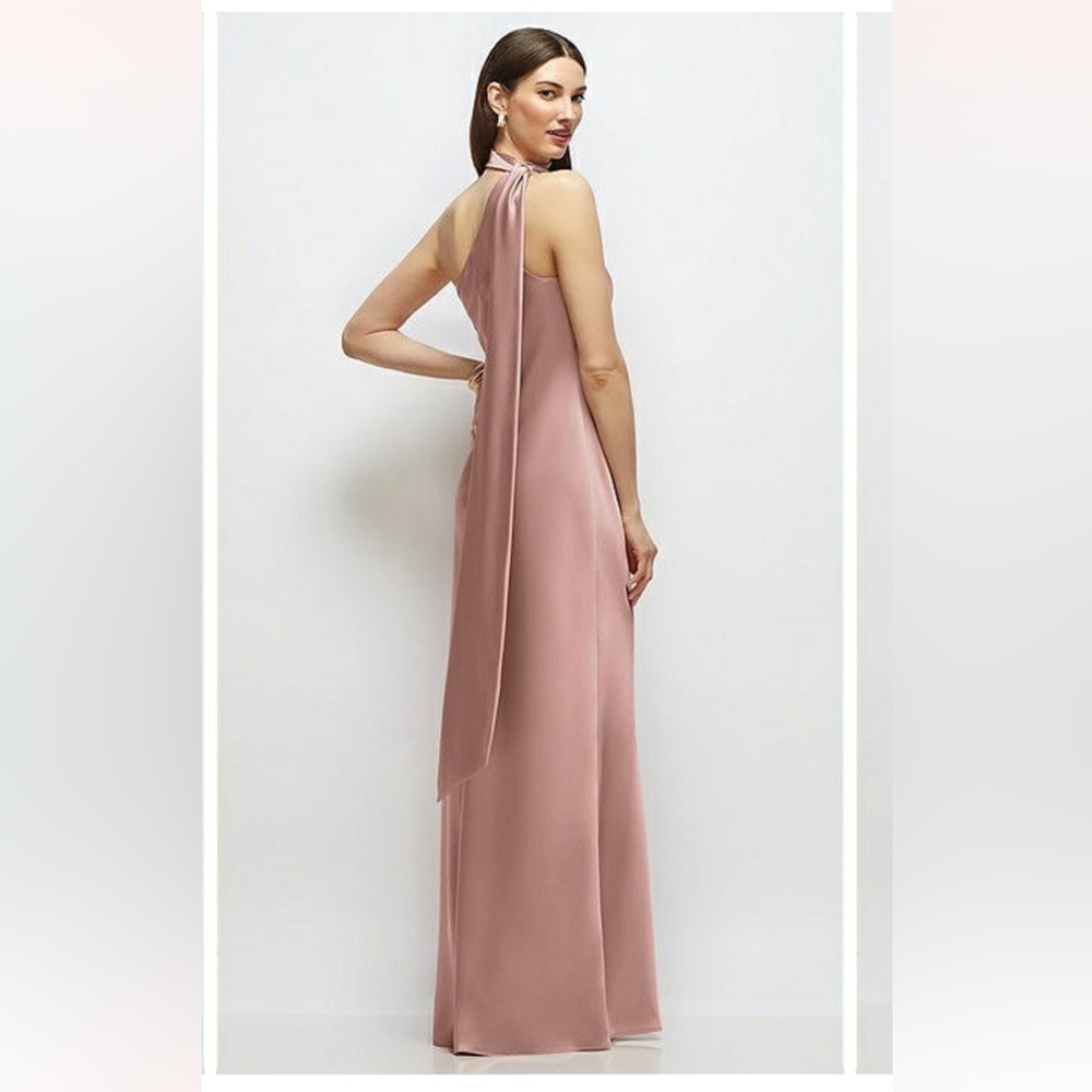 DESSY GROUP DRAPED SCARF ONE-SHOULDER BIAS STRETCH SATIN MAXI DRESS IN NEU NUDE